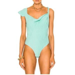 NOAM Julep Green‎ Bodysuit Asymmetrical Cowl Neck Braided Strap Small NWT